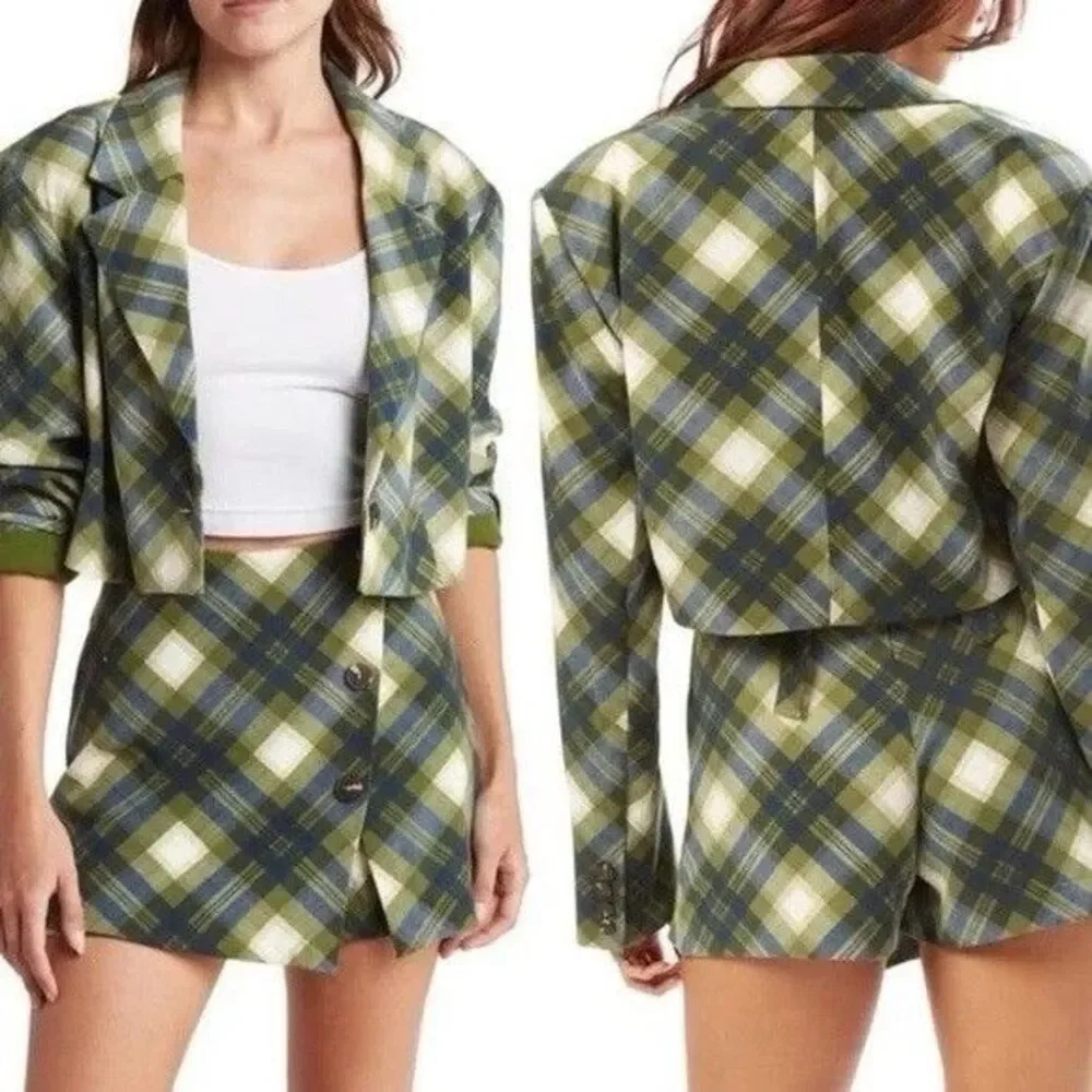WeWoreWhat 3 Piece Suit Set Size L Cropped Blazer Skort Wrap Top Green Plaid